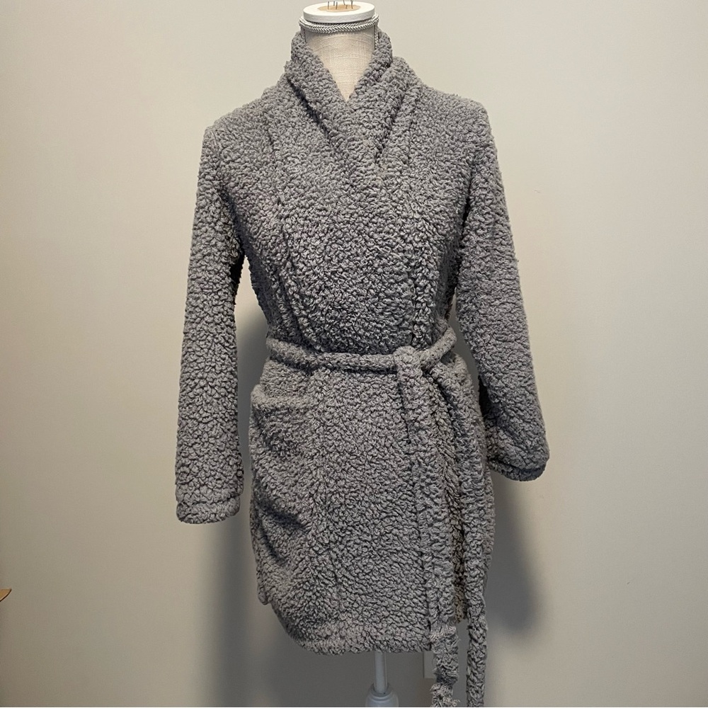 Natori Grey Plush Fleece Sherpa Belted Robe Size S/M Shawl Collar Loungewear - Picture 2 of 5